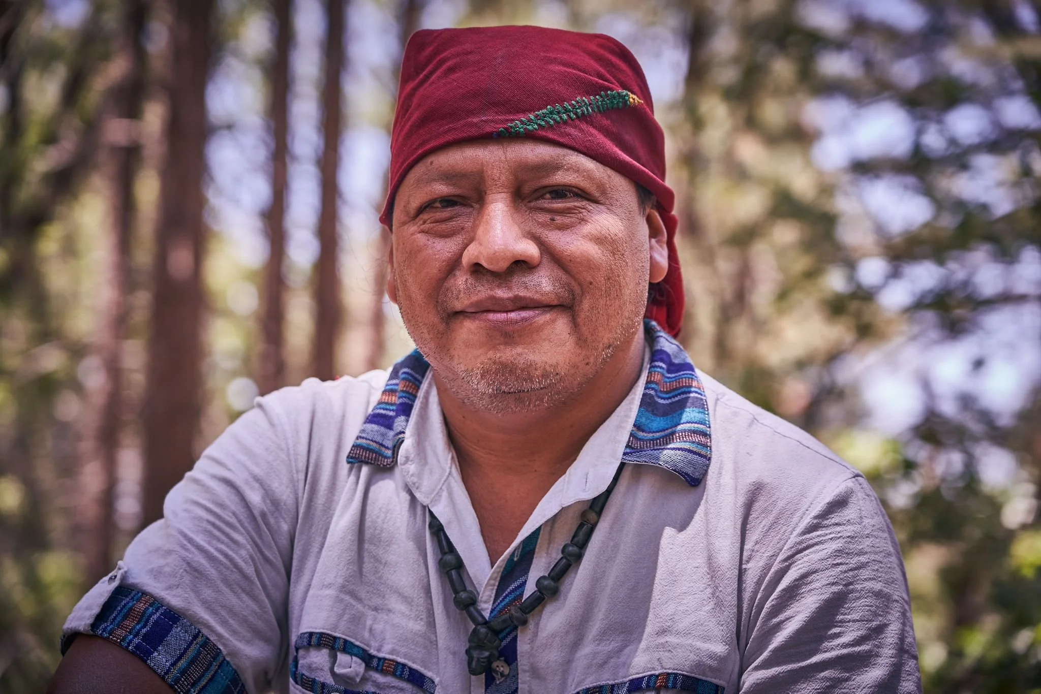 Person wearing a red bandana and gray shirt in a forest setting.