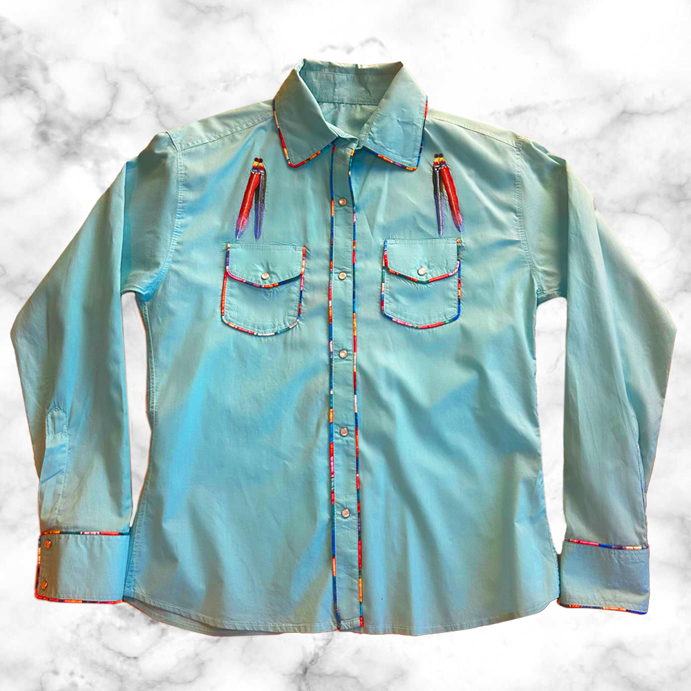Waterbird Embroidery Button-Down Teal Shirt