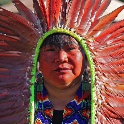 Person wearing a traditional feathered headdress and colorful beadwork.