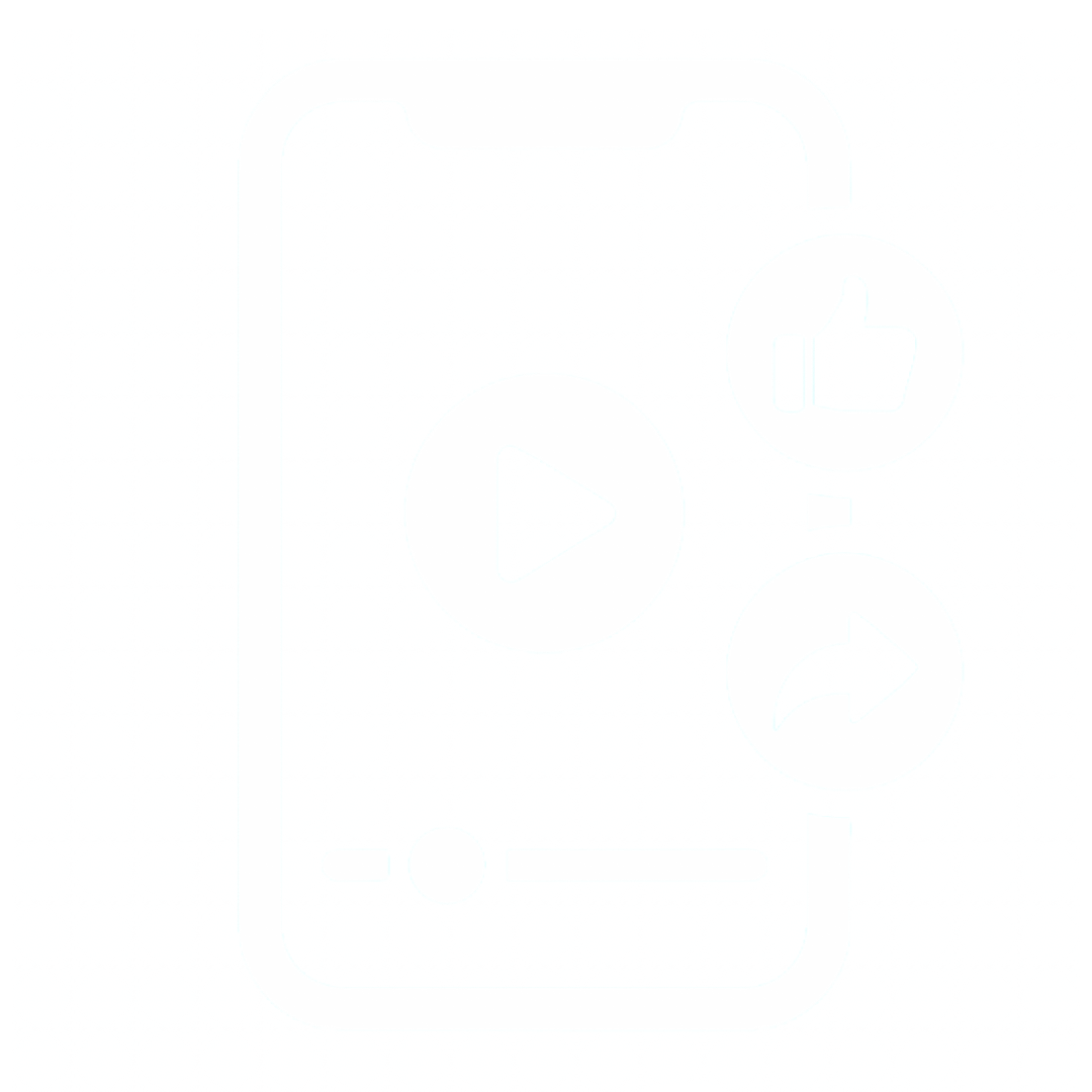Icon of a smartphone screen with a play button in the center, a thumbs-up symbol, and a share arrow on the right side, indicating video playback and social interaction.