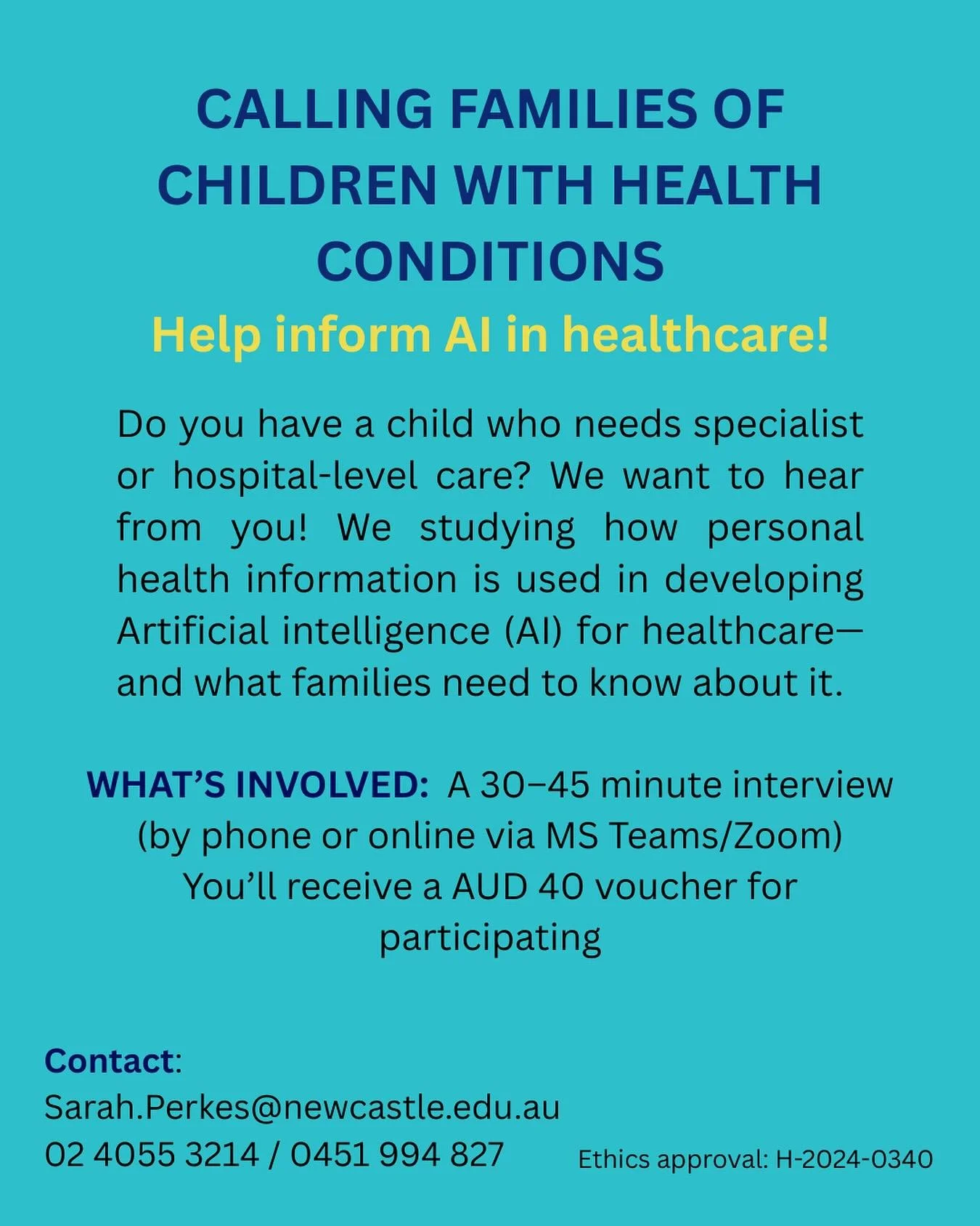 Calling families of children with health conditions!

Researchers at the University of Newcastle are exploring how personal health information is used in developing artificial intelligence (AI) for healthcare  and what families need to know about it.