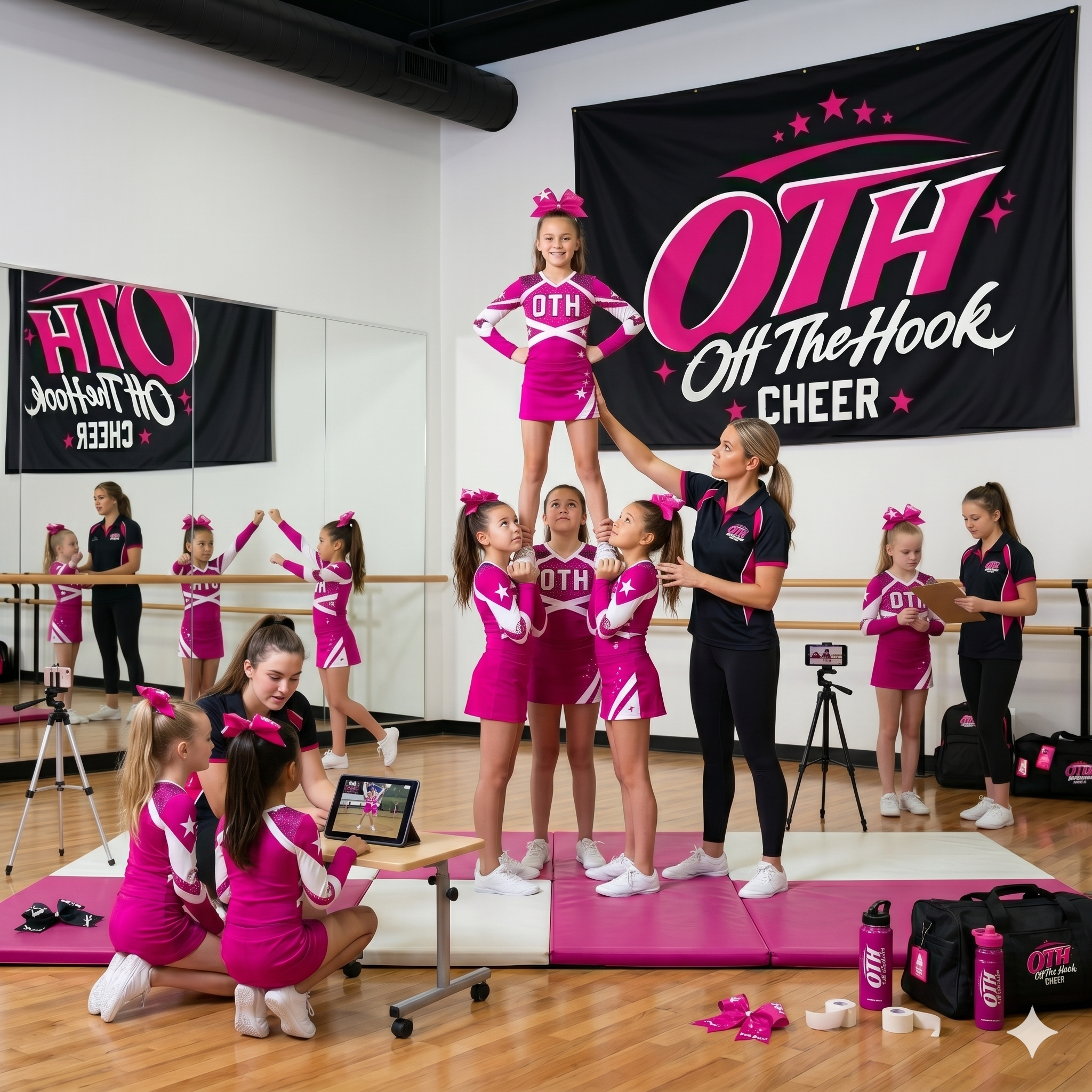 A cheerleading practice in a studio with young girls in pink and white cheer uniforms, one girl is lifted into a pyramid by teammates, and a cheer coach is assisting. There are mirrors, video recording equipment, and cheer gear around.