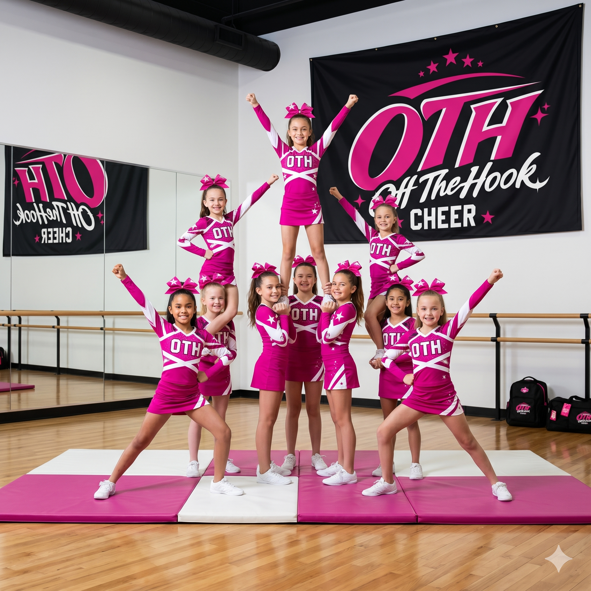 A group of young cheerleaders in pink and white uniforms with 'OTH' letters, practicing cheerleading stunts in a dance studio with a large banner that reads 'Oft The Hook Cheer' hanging on the wall.