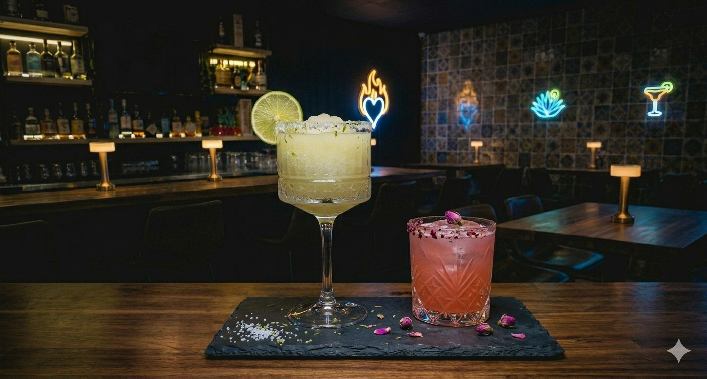 Two cocktails, one yellow with lime garnish in a tall glass, one pink with rose petals in a short glass, on a black slate serving board on a wooden table in a dimly lit bar with neon signs and liquor bottles in the background.