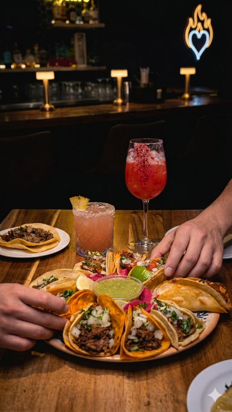 A wooden table with a plate of tacos filled with meat topped with onions and cilantro, a small bowl of green sauce, a pink cocktail with a lemon wedge, and a red cocktail with crushed ice and red sprinkles. A person’s hand is reaching for a taco, and a bar with drinks and a neon flame heart sign are in the background.