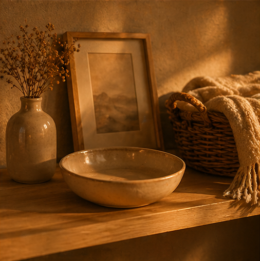 A wooden surface with a beige ceramic vase holding dried yellow flowers, a framed picture of a landscape, a beige ceramic bowl, and a woven basket with a folded blanket inside.