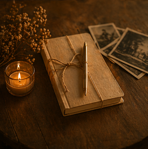 A wooden desk with a candle, a stack of vintage photographs, a closed notebook tied with string, and a pen on top.