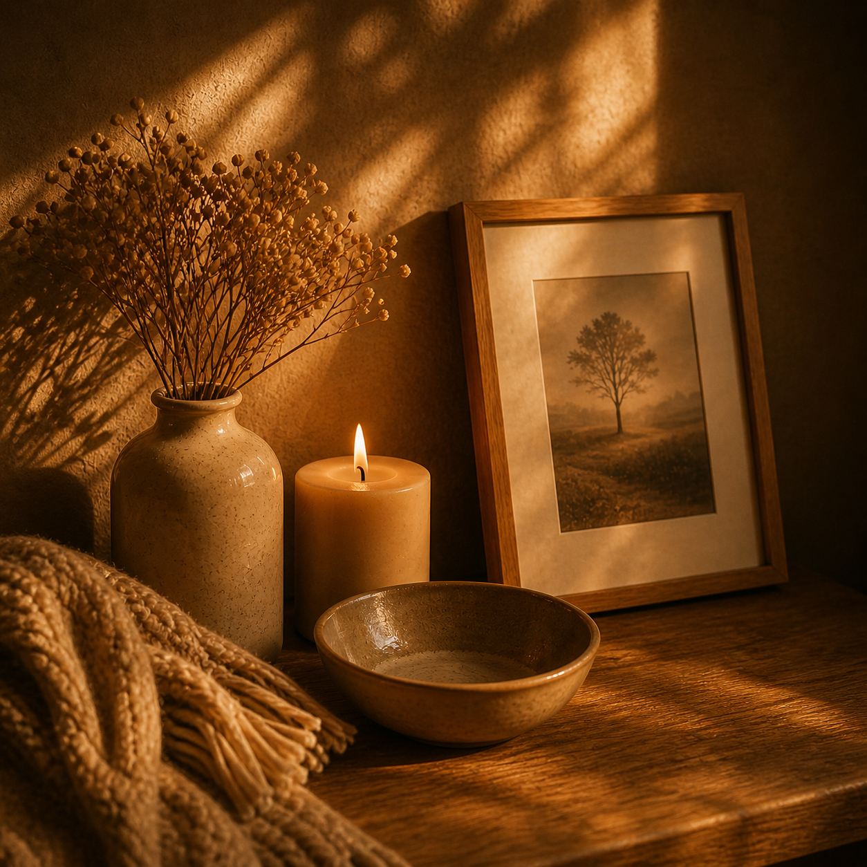 A cozy scene with a lit candle, a framed picture of a tree, a ceramic vase with dried flowers, a ceramic bowl, and a textured blanket on a wooden surface, illuminated by warm candlelight.