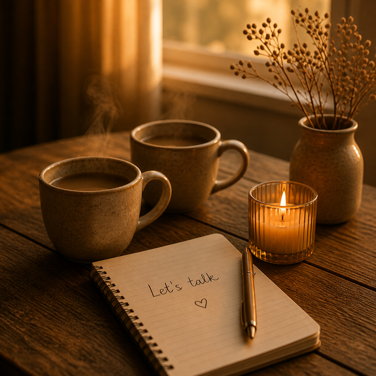 A cozy wooden table with two steaming coffee mugs, a lit candle, a notebook with 'Let's talk' written on it and a pen, and a vase with dried flowers, illuminated by warm, ambient light.