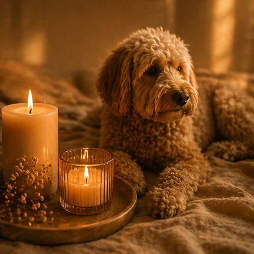 A fluffy brown dog lying on a blanket next to lit candles and a tray, in a cozy, warm-lit room.