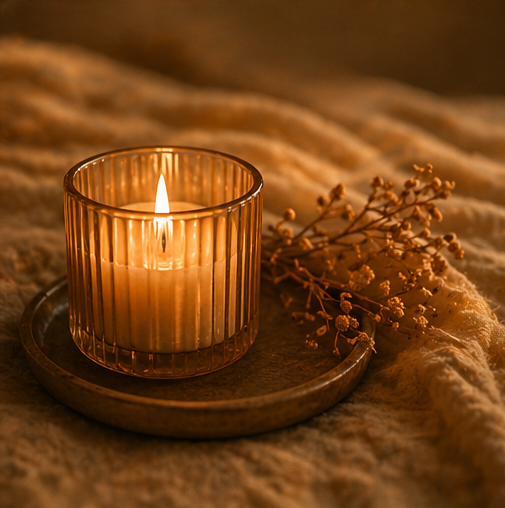 A lit candle in a glass holder on a tray, with small dried flowers beside it on a cozy blanket.