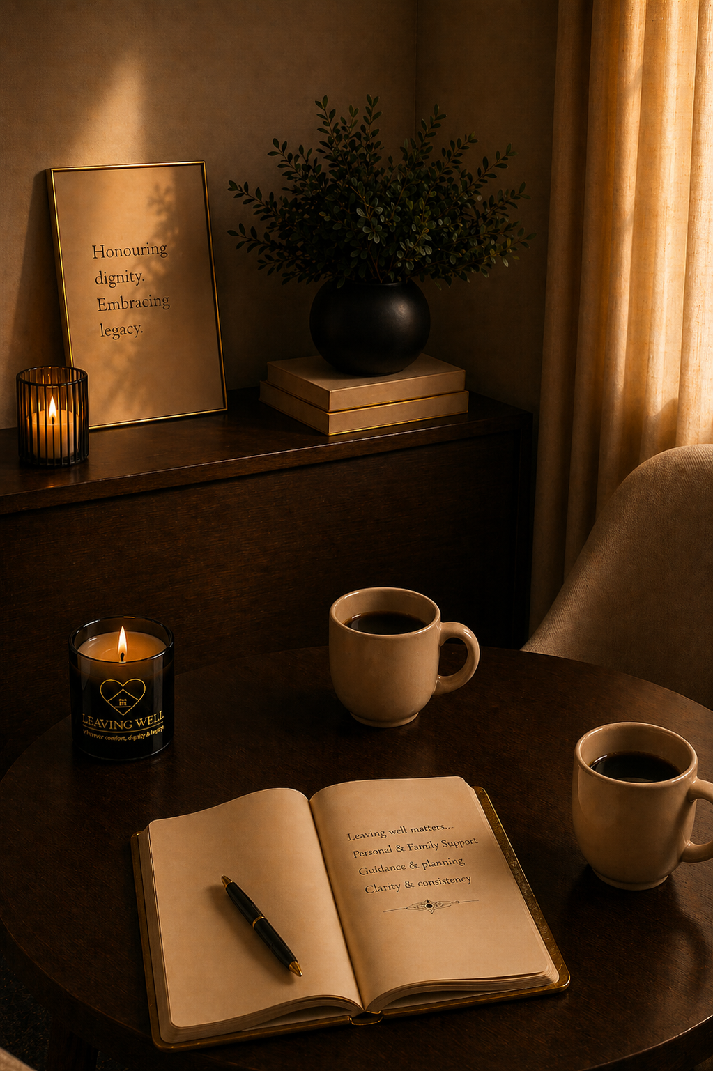 A cozy scene with two cups of coffee, an open journal with writing, a lit candle, and a framed quote on a wooden table. The background features a potted plant and a curtain.