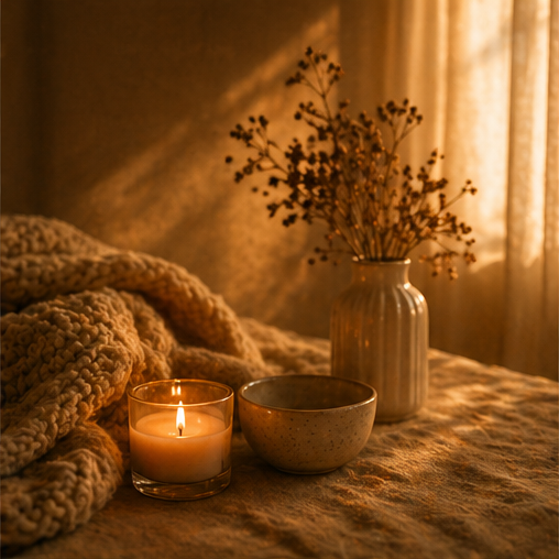 A cozy bedside setup with a lit candle, a ceramic bowl, and a vase with dried flowers on a textured blanket, illuminated by warm ambient light.