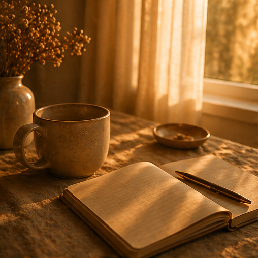 A cozy scene with an open notebook and a gold pen on a wooden table, a mug, a small plate, and a vase with yellow flowers near a window with beige curtains, bathed in warm sunlight.