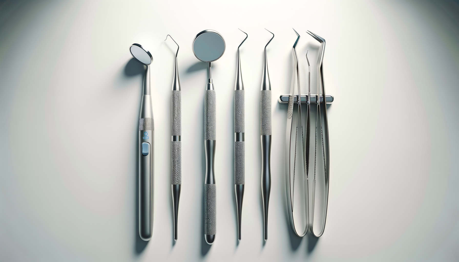 Dental tools including a mirror, dental probes, tweezers, forceps, and a dental scaler laid out on a white surface.