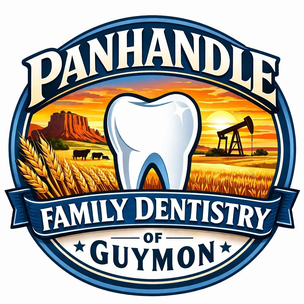 A logo for Panhadle Family Dentistry of Guymon featuring a large tooth in the center with a western landscape background including a mesa, wheat fields, cows, and an oil pumpjack at sunset.