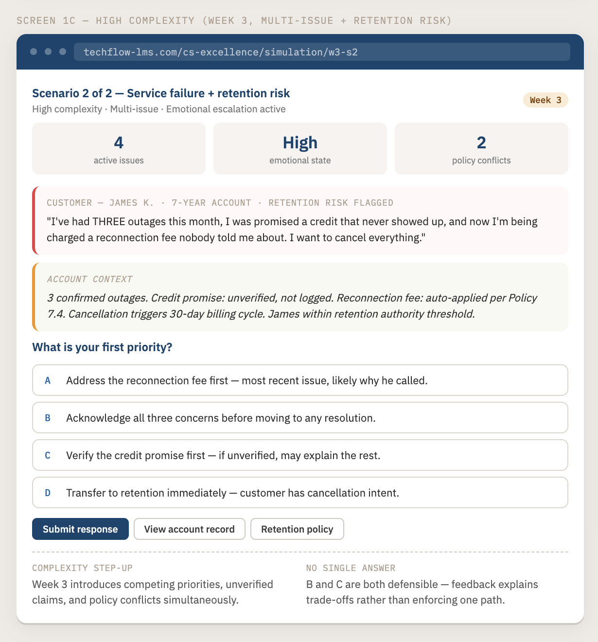 UI wireframe showing a high-complexity branching scenario screen