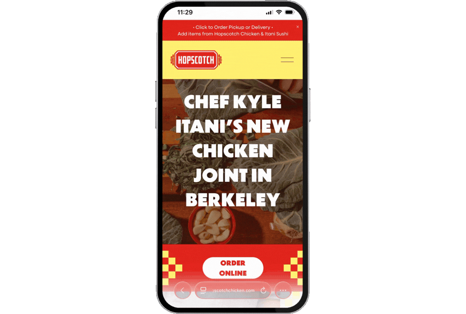 Mobile view of Hopscotch Chicken website, a restaurant with online ordering
