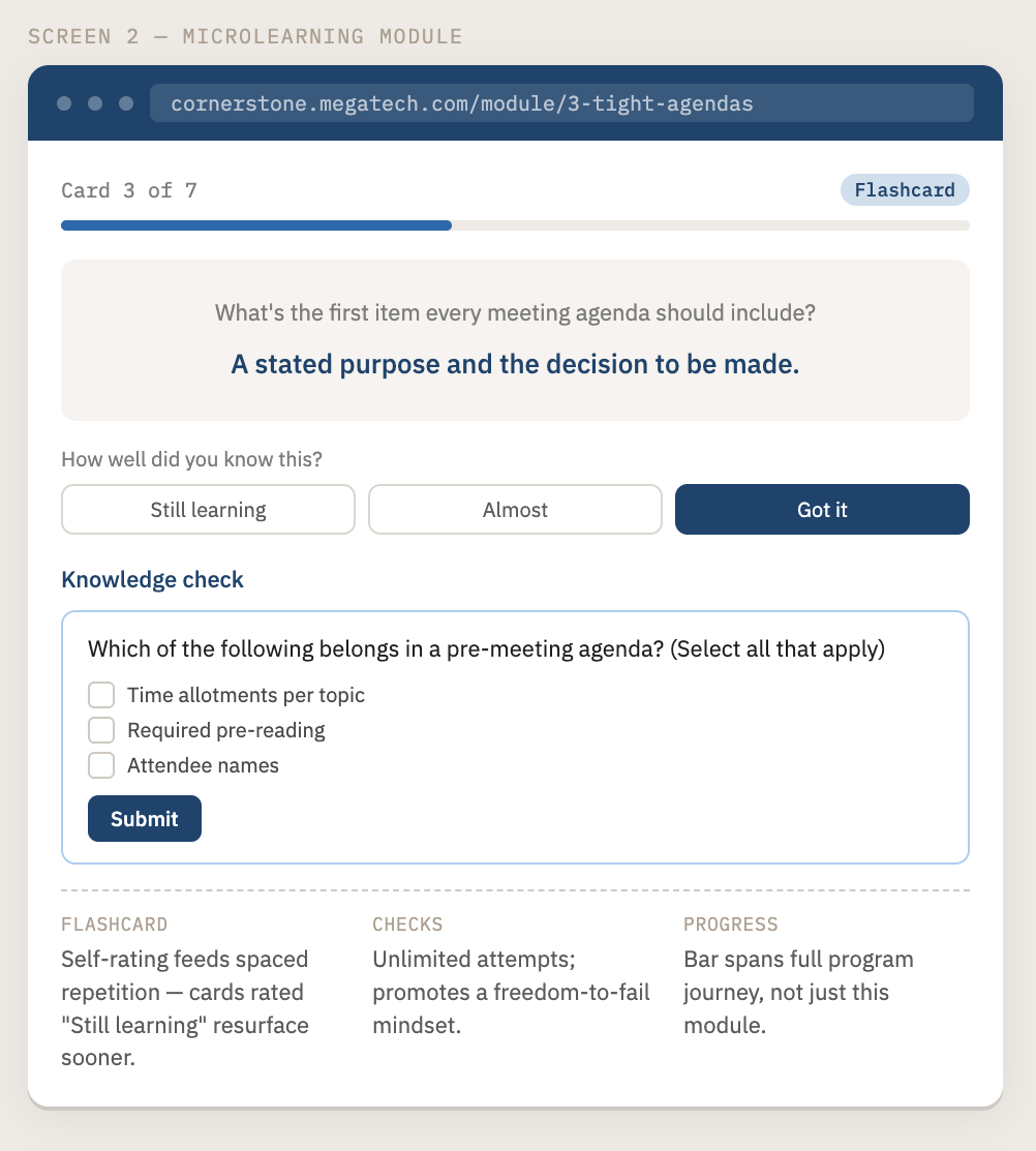 UI wireframe showing a microlearning flashcard module with a self-rating scale and a knowledge check question