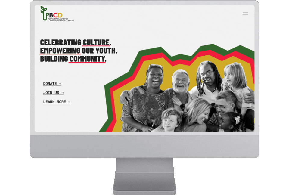 Desktop view of Petaluma Blacks for Community Development website, a nonprofit celebrating Black history in Sonoma County since 1977
