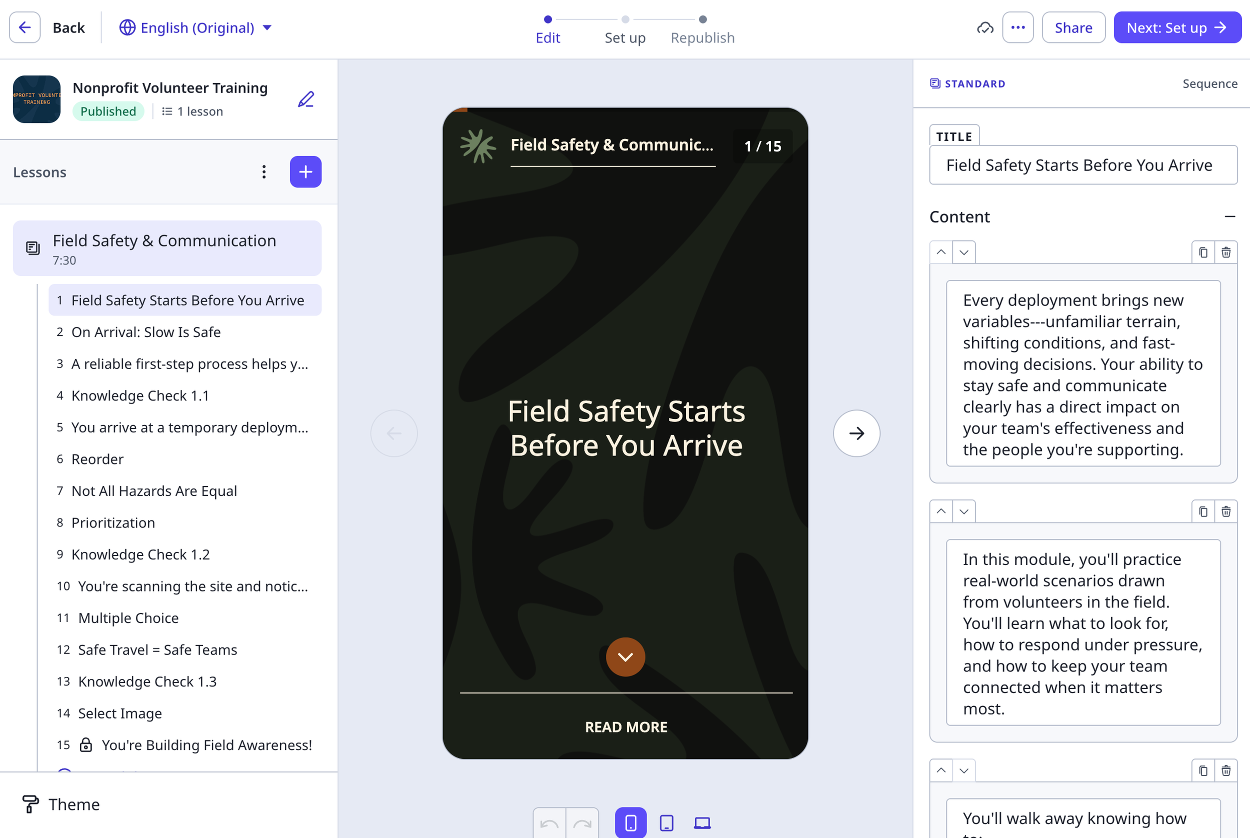 Screenshot of the SC Training (SafetyCulture) course builder backend showing the module structure