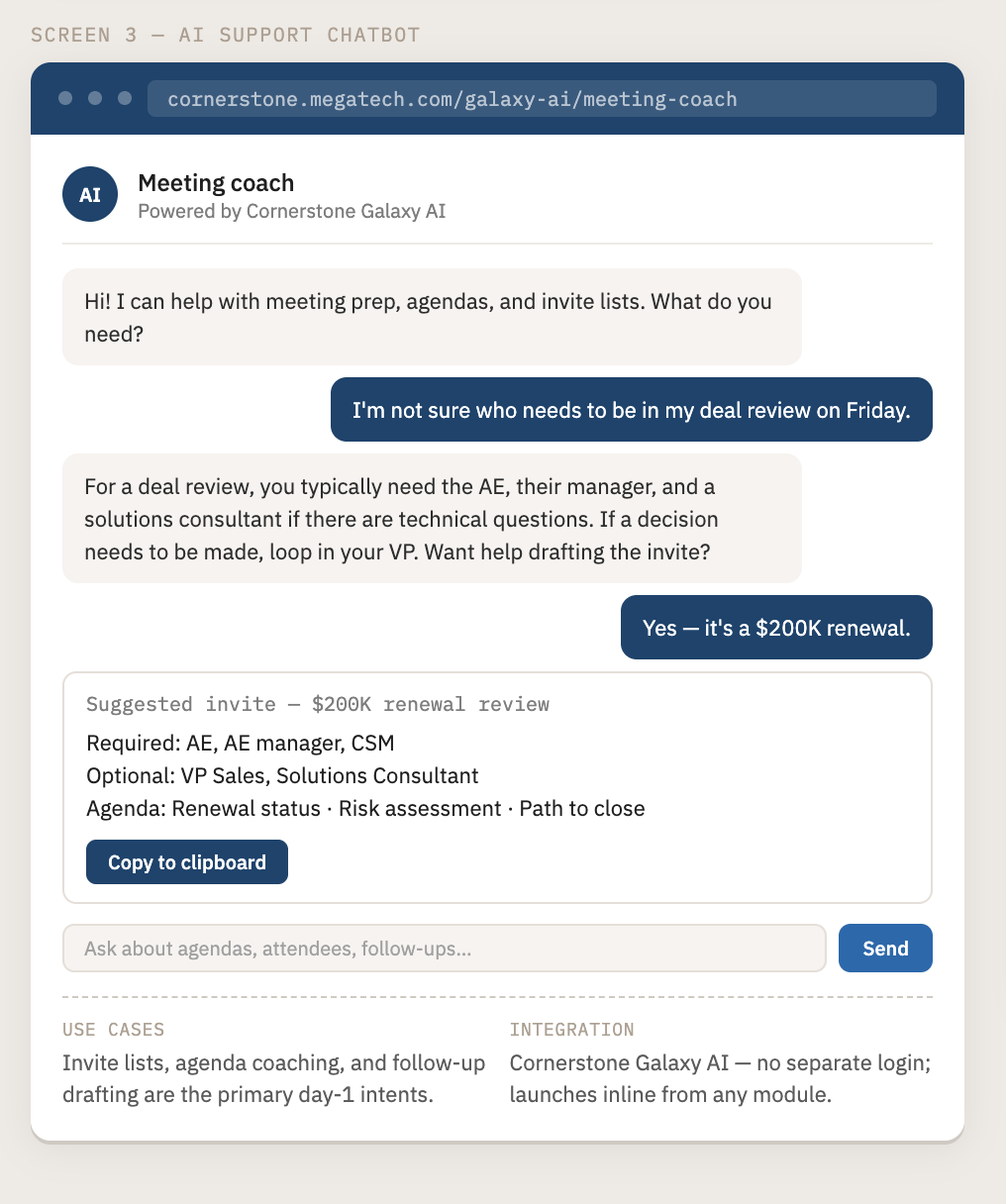 UI wireframe showing a conversational AI chatbot interface for meeting prep coaching, powered by Cornerstone Galaxy AI