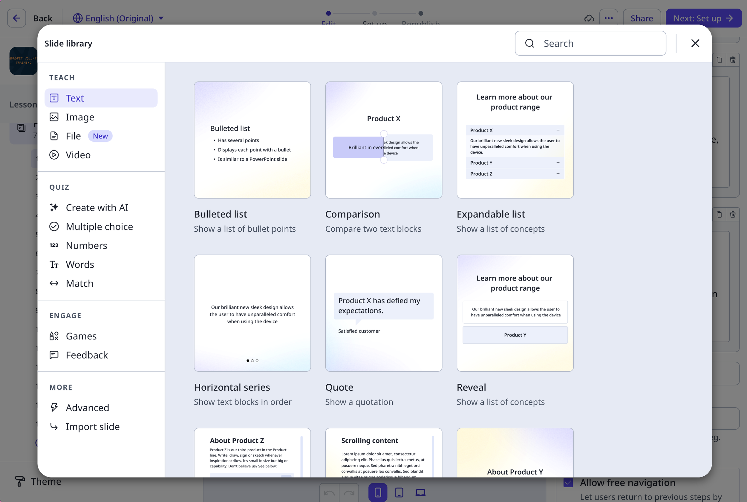 Screenshot of SC Training's slide type options used during the prototype build process