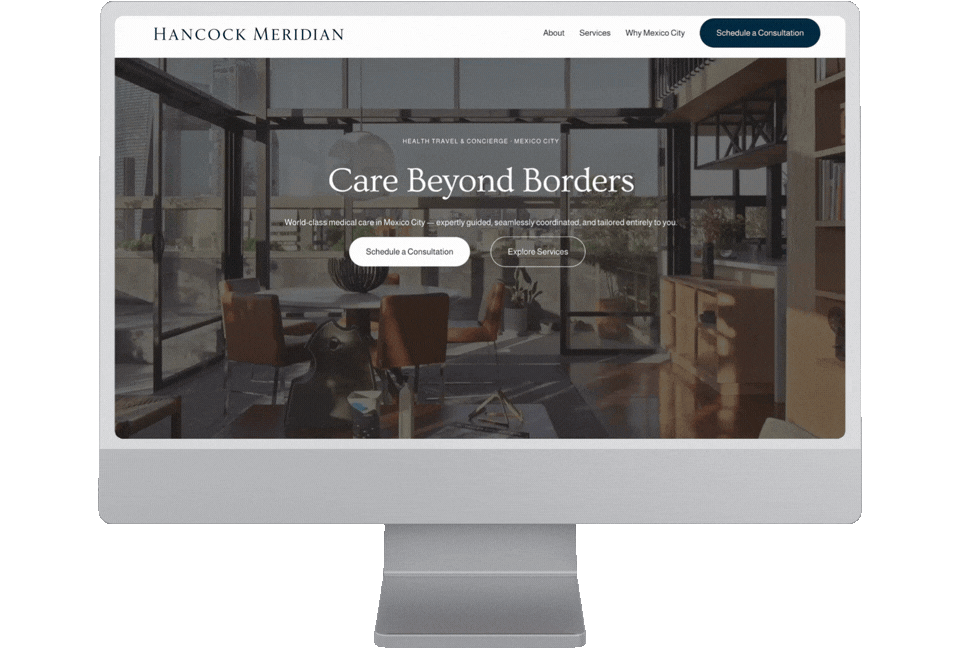 Desktop view of Hancock Meridian website, a medical travel and concierge service