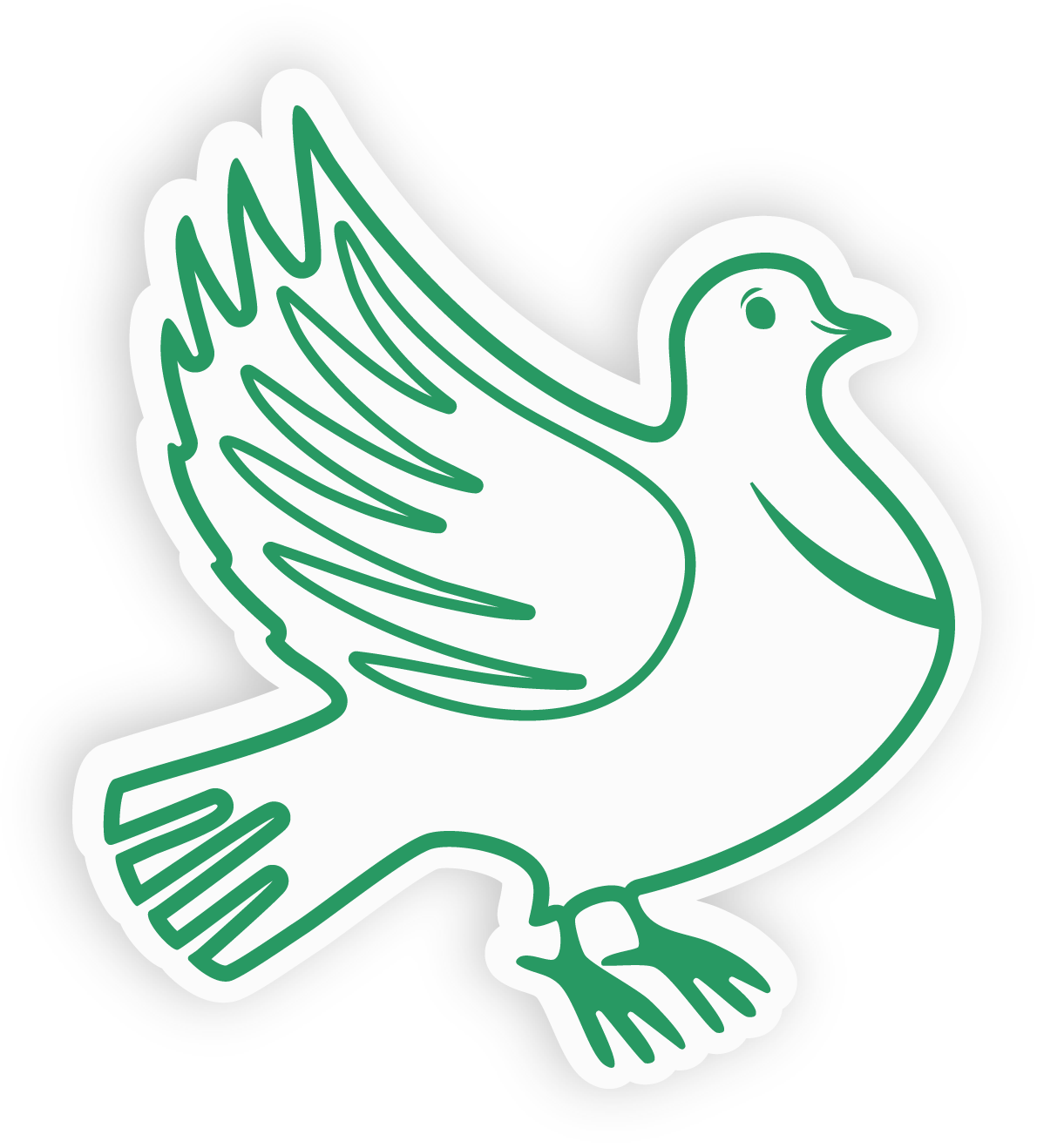 Outline drawing of a dove with green details, wings, and feet, and a black background outline.