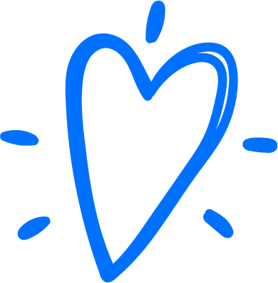 Blue hand-drawn heart with radiating lines on black background.