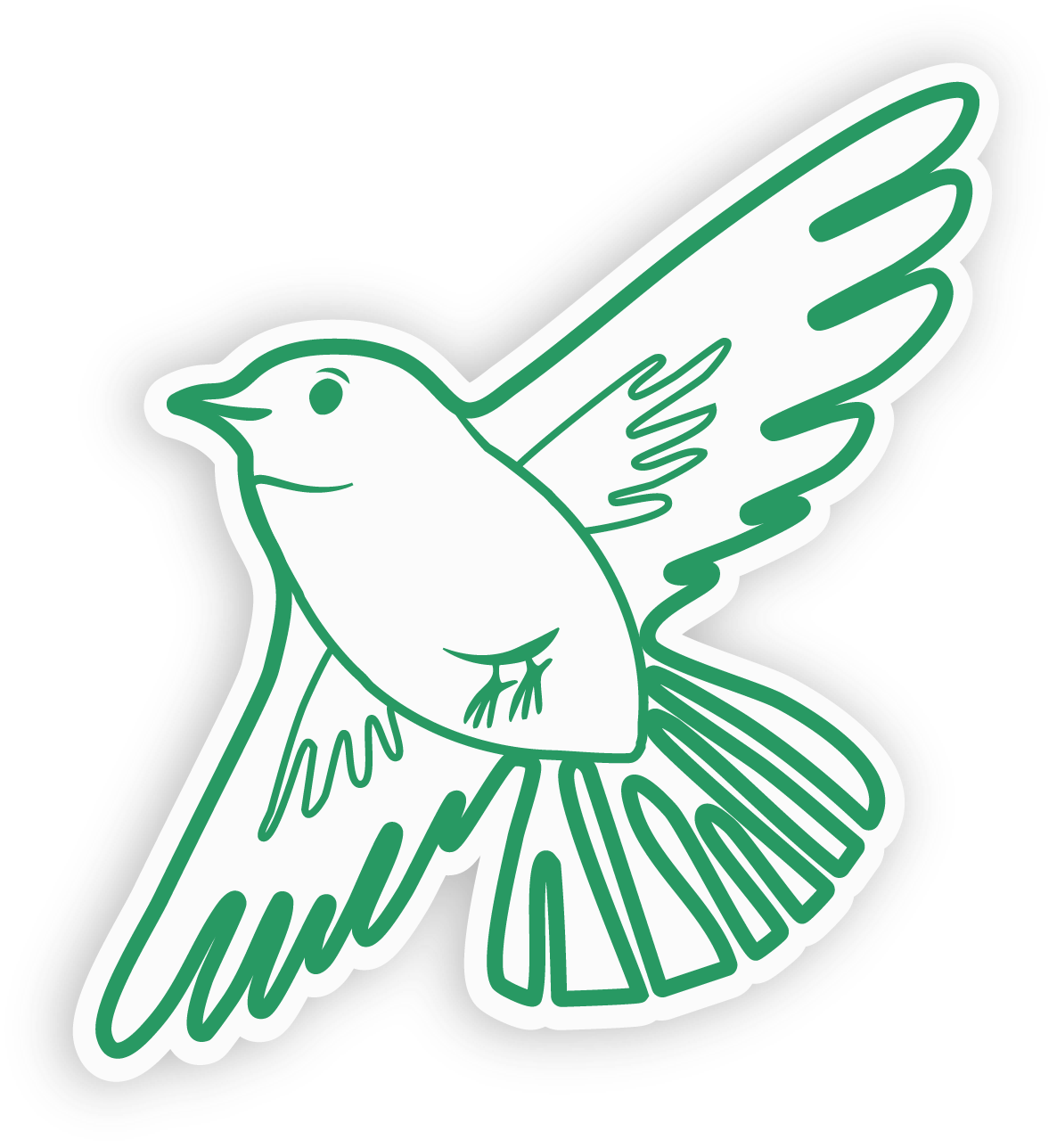Line drawing of a small bird with wings outstretched, outlined in green with a black border.