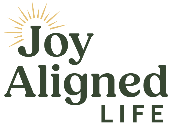 Logo with a stylized sun above the words 'Joy Aligned Life' in dark green text.