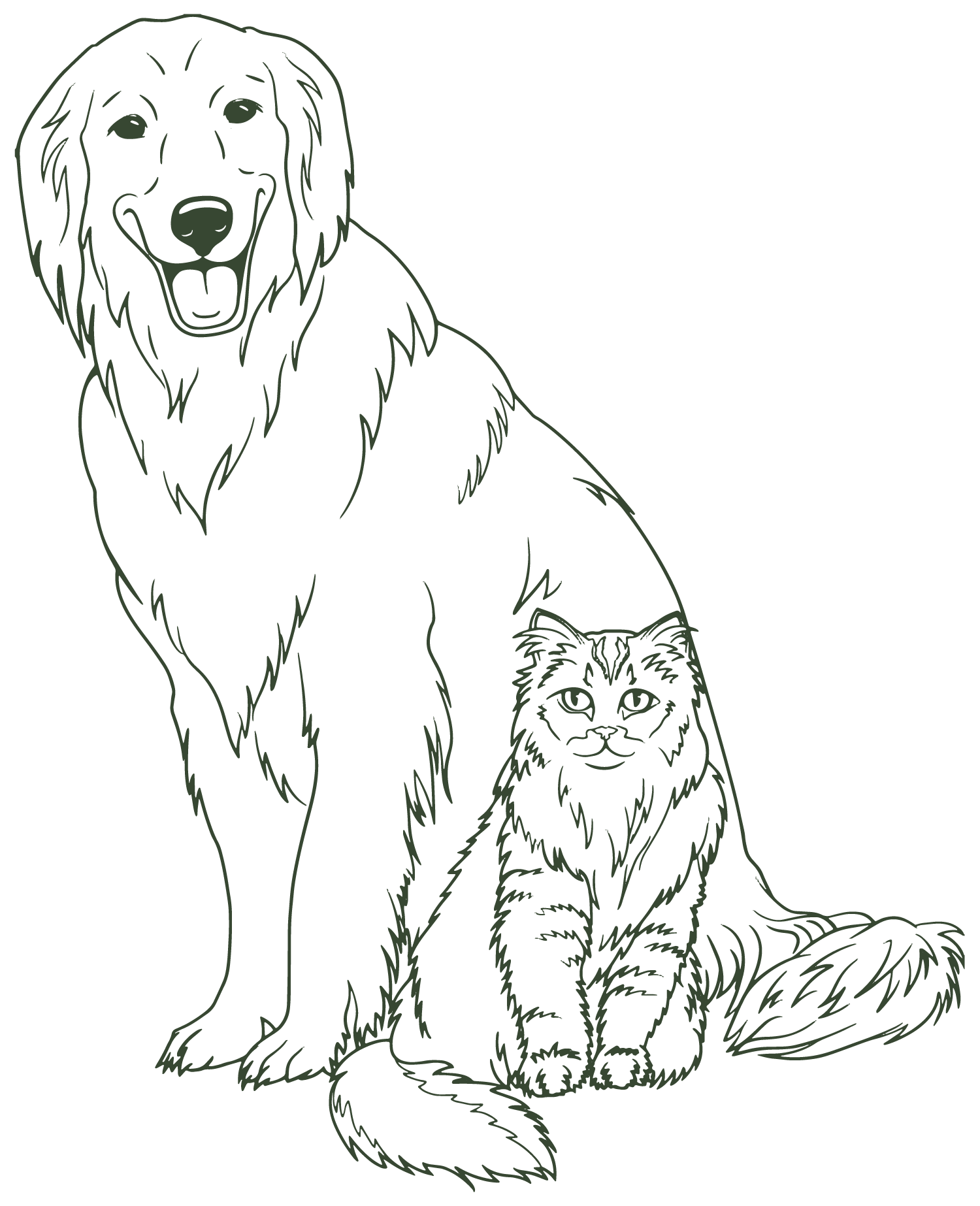 Line drawing of a large dog and a smaller cat sitting next to each other, both facing forward.
