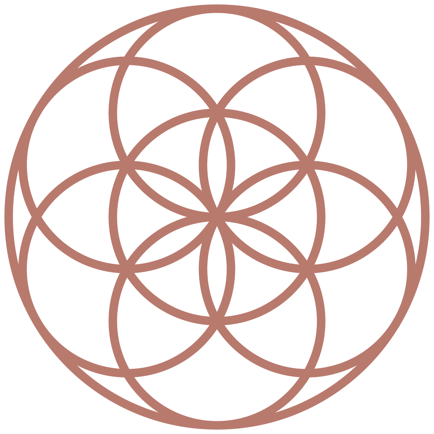 Coaching and wellness brand logo of geometric pattern of overlapping circles forming a symmetrical floral design in brown on a black background.