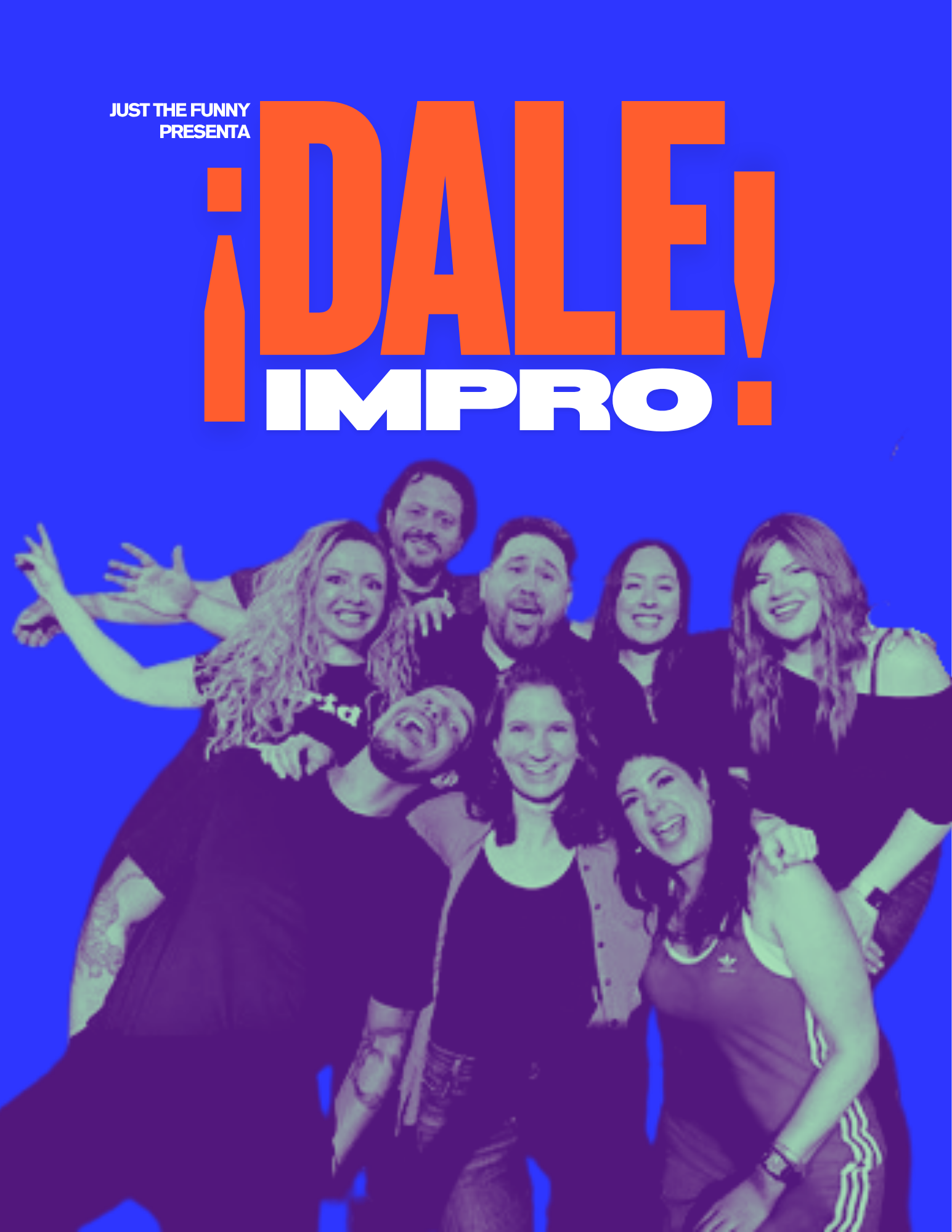 Group of six people and a bee in front of a logo that reads 'iD.ALE! IMPRO!'. The people are making funny or surprised faces and are positioned around the logo.