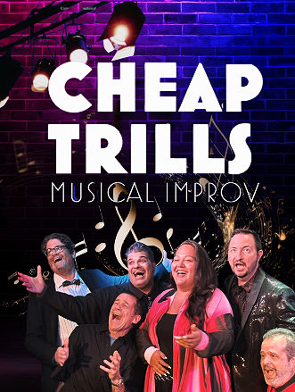Promotional poster for 'Cheap Thrills Musical Improv' featuring five performers singing and laughing on stage with musical notes and a purple brick wall background.