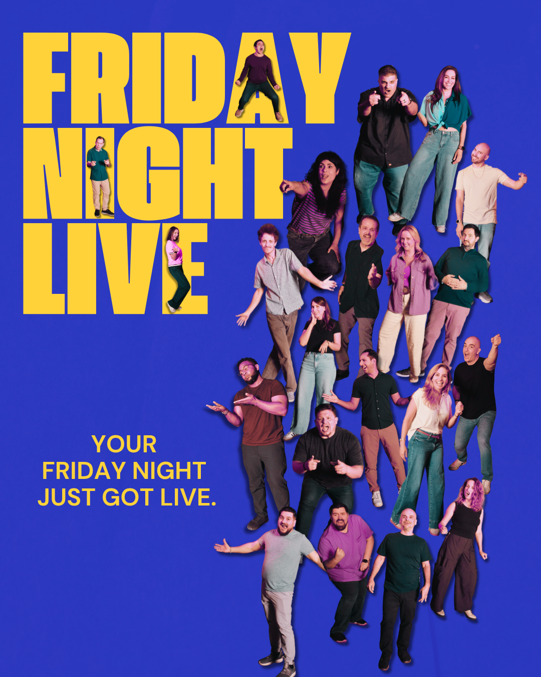 A group of diverse people performing on stage for a comedy show called Friday Night Live.