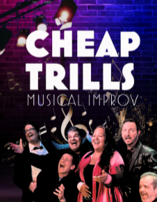 Poster for 'Cheap Trills' musical improv show featuring six performers on stage, with a purple brick wall and stage lights in the background.