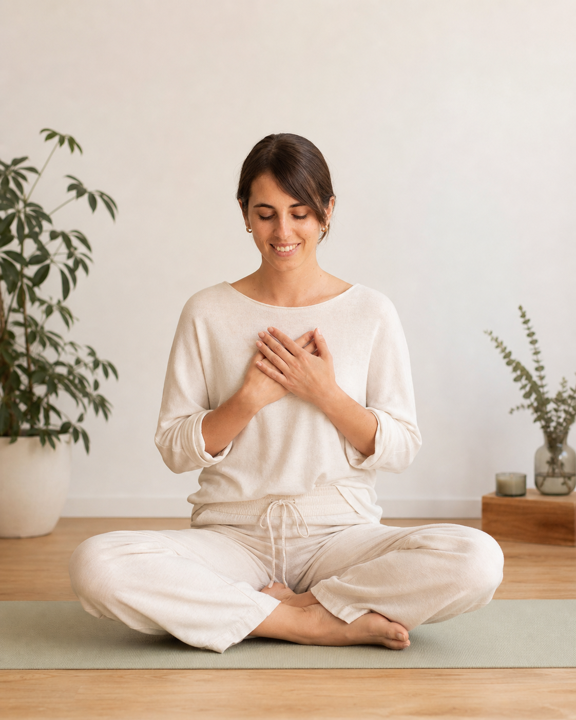 Mujer joven sentada en posición de meditación, con las manos en el pecho y sonriendo, en un ambiente tranquilo con plantas.