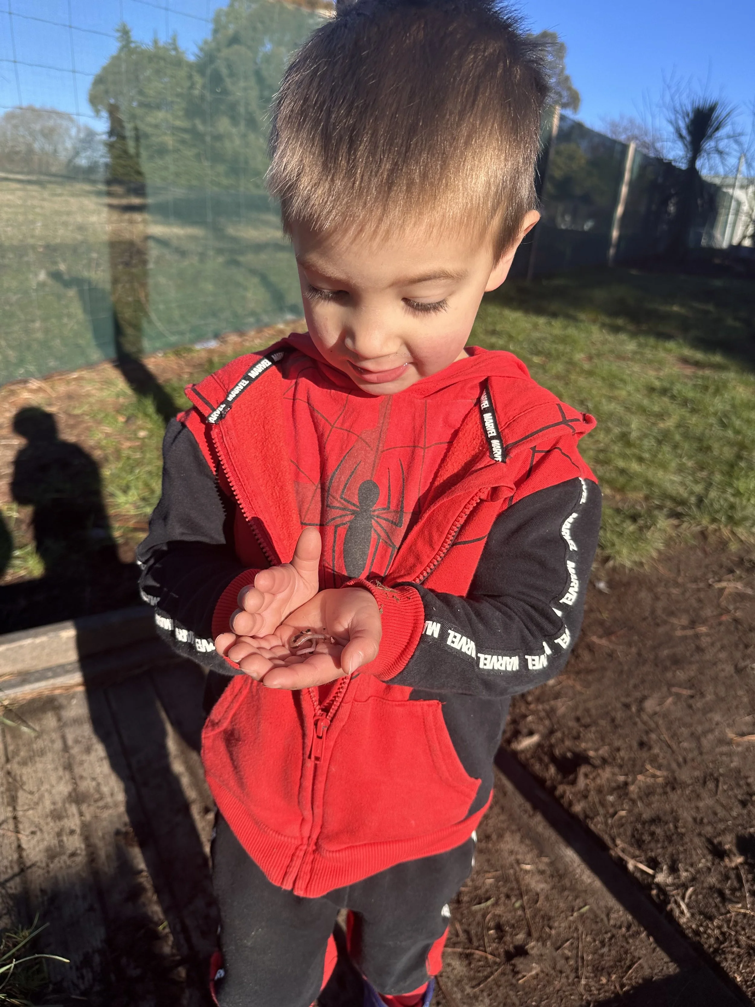 A young boy with short brown hair and closed eyes, wearing a red and black Spider-Man hoodie, is holding a small object in his hands outdoors during the day, with trees and a fence in the background.