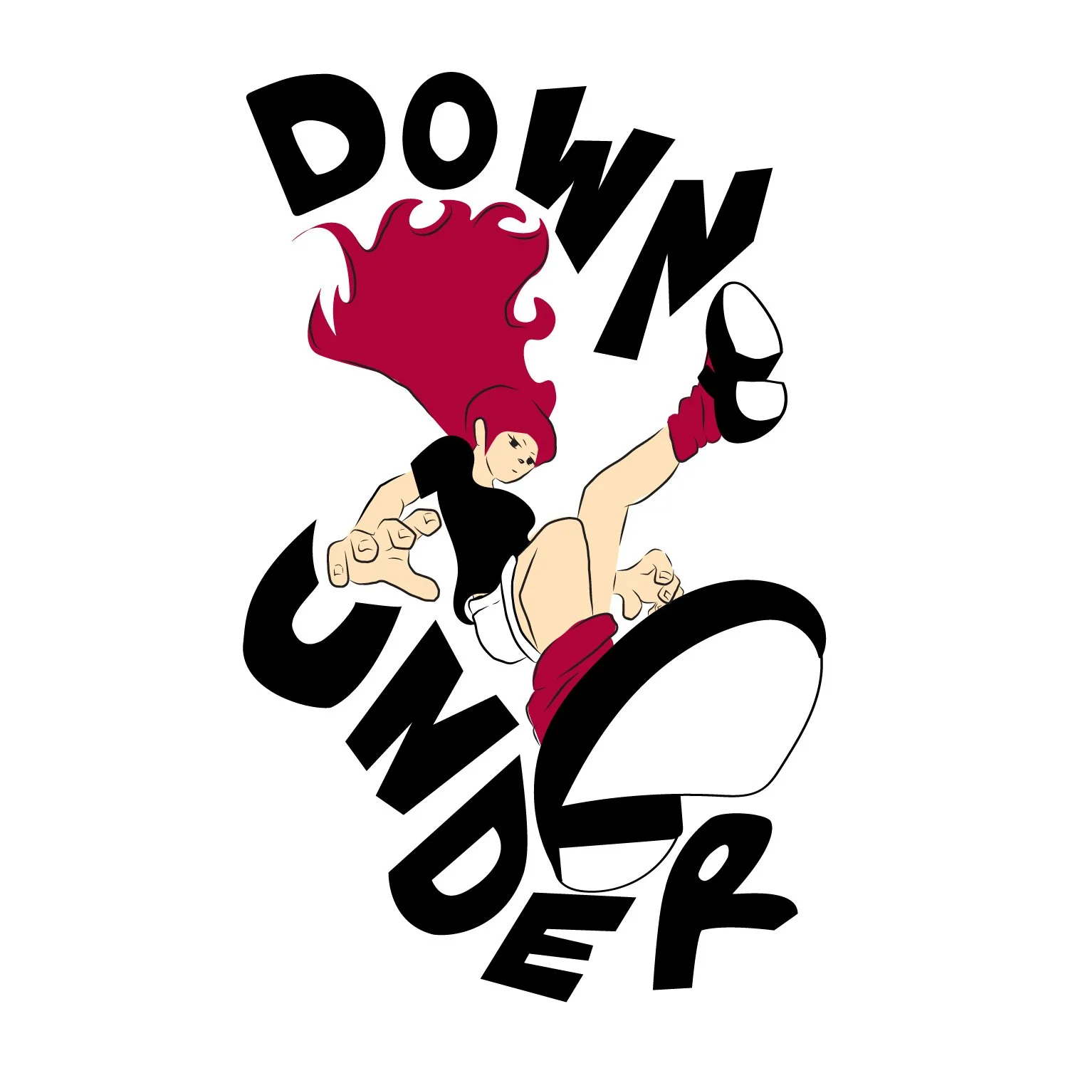 A cartoon woman with red hair, wearing a black shirt, beige shorts, red gloves, and black shoes, doing a high kick with her foot extended above her head. The word 'DOWN' is written in large black letters behind her, and the word 'GIRL' is below her, 