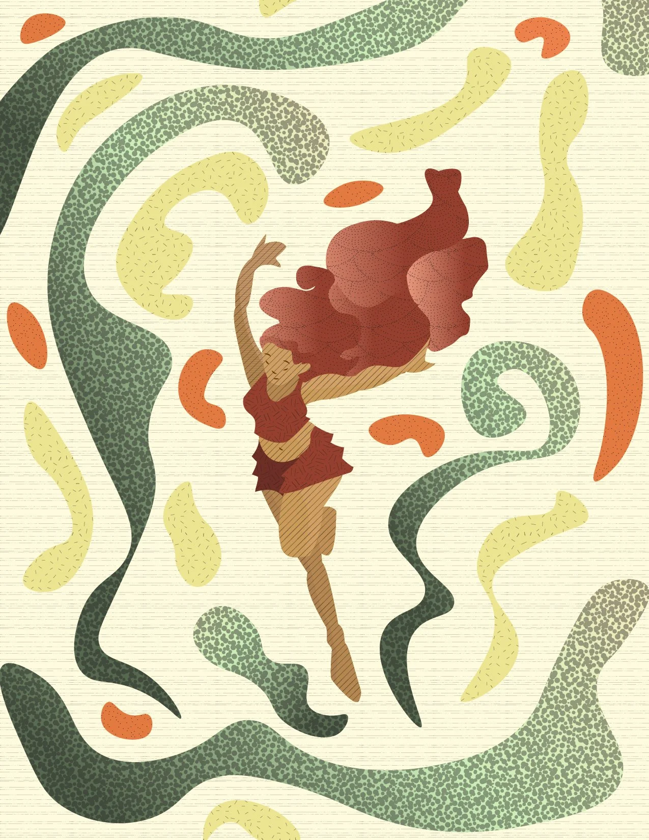 Illustration of a woman in a yoga pose surrounded by colorful abstract shapes and patterns.