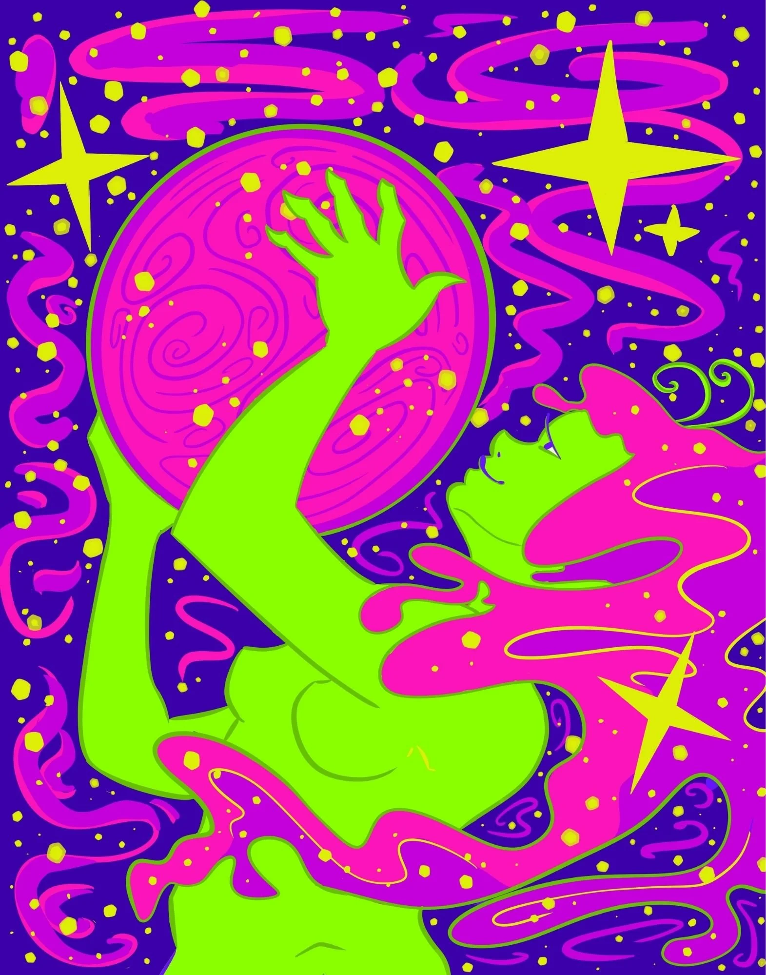 A colorful, stylized illustration of a green-skinned, pink-haired woman reaching towards a swirling pink and purple planet surrounded by stars and cosmic dust in a space setting.