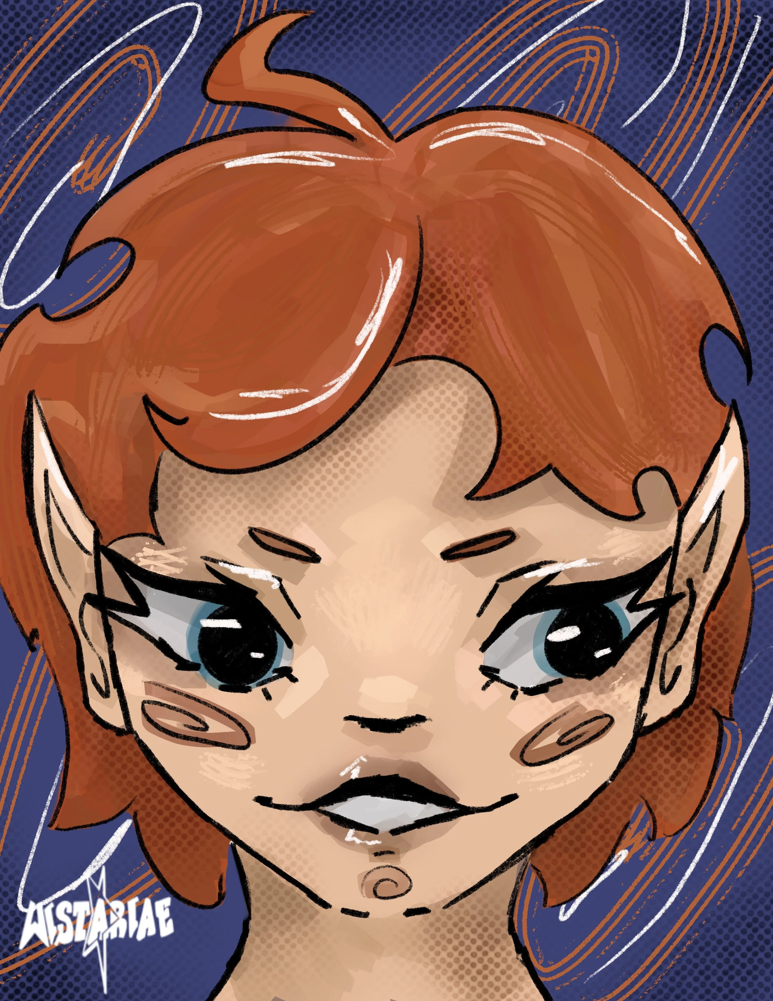 Digital cartoon illustration of a character with pointed elf-like ears, large blue eyes, and red hair, set against a dark blue background with dynamic white and orange lines.