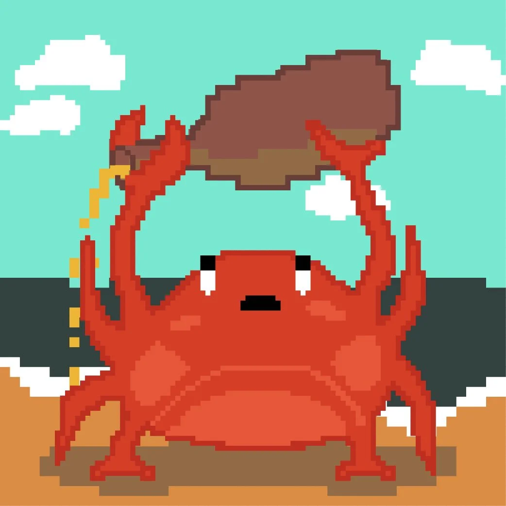 Pixel art illustration of a red crab on a sandy beach, holding a rock above its head, with a blue sky and white clouds in the background.