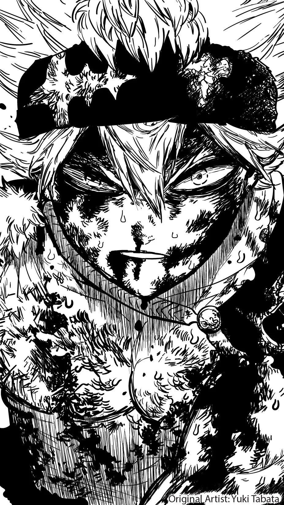 A black and white manga-style illustration of a fierce character with a determined expression, wearing a fur-lined outfit and surrounded by dynamic lines and splashes.