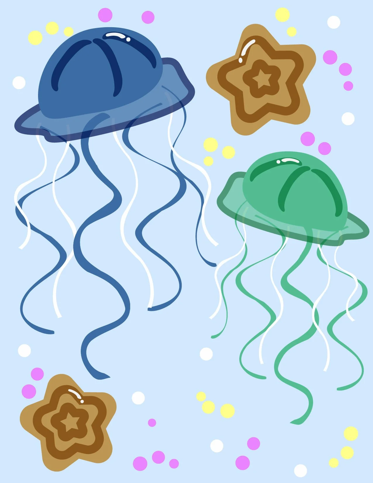 Colorful cartoon jellyfish with blue and green bodies and long wavy tentacles, along with star-shaped cookies and small pastel-colored dots on a light blue background.