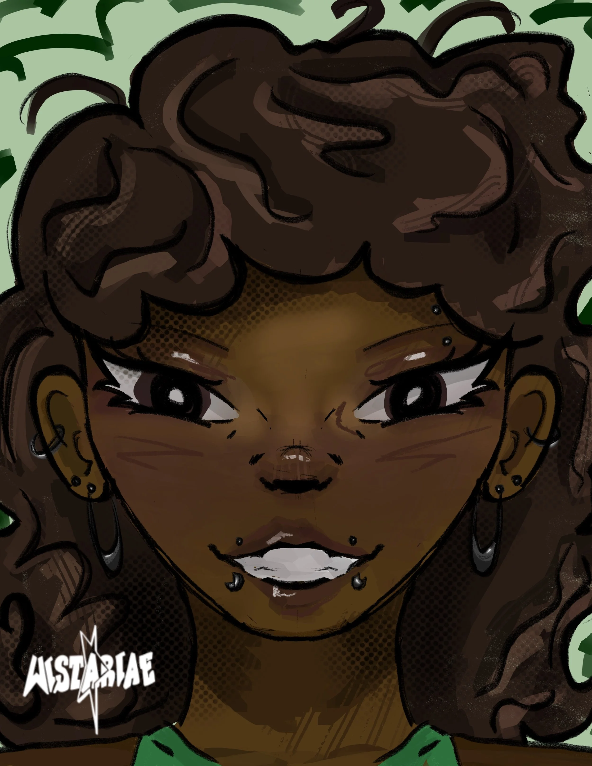 A digital illustration of a woman with dark skin and curly brown hair, wearing multiple earrings, with piercings on her face, and a confident expression. The background features green foliage.