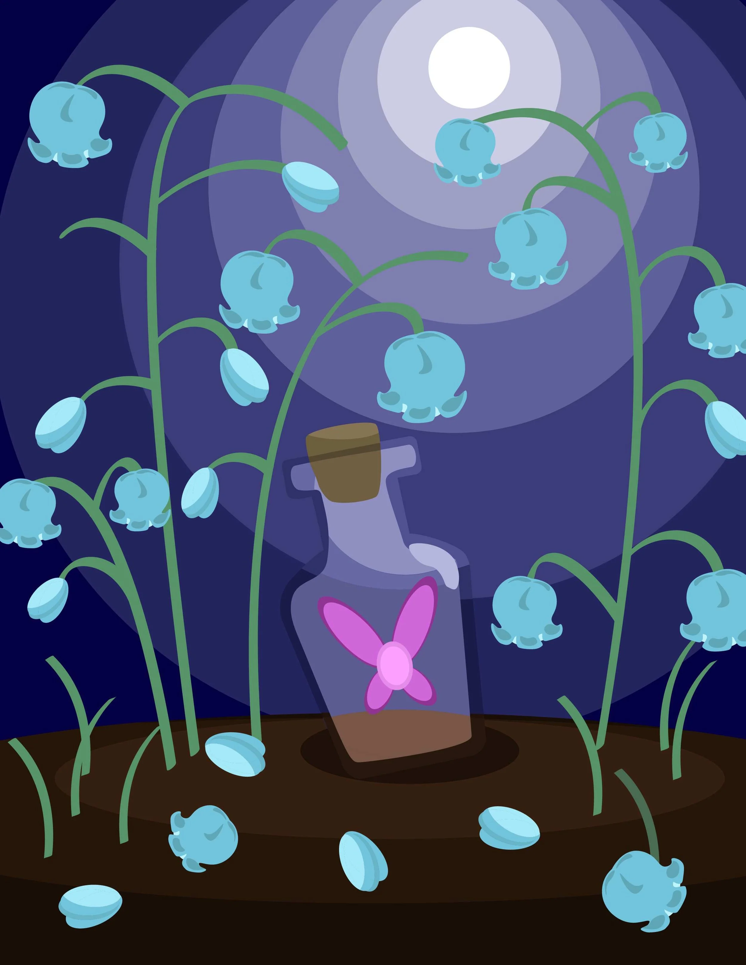 Digital illustration of blue bell-shaped flowers growing in soil at night under a full moon, with a potion bottle featuring a pink butterfly label among the flowers.