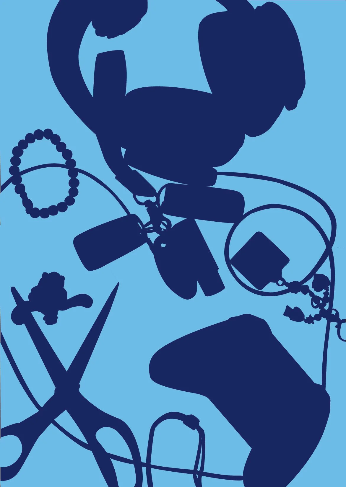 Silhouette of a woman with hair tied in a bun, surrounded by various accessories including a bracelet, a necklace, electronic devices, and a USB flash drive, all depicted in dark blue against a light blue background.
